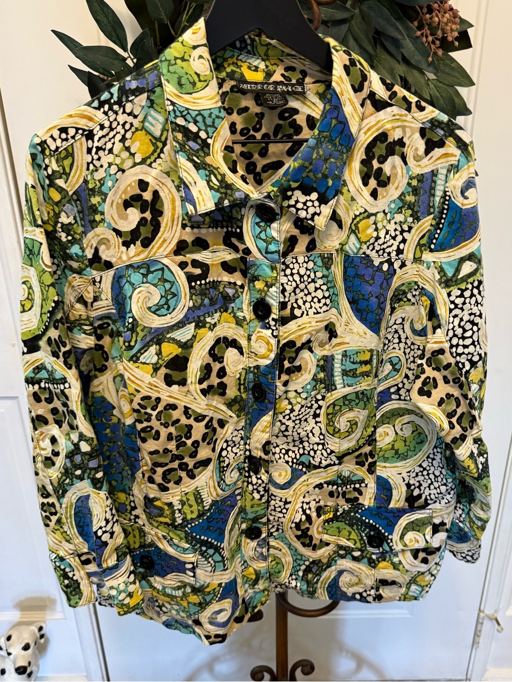 Vintage Mirror Image Mixed Print Animal Print Funky Colorful Button Down Shirt 2